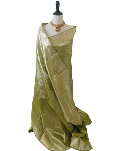 ShopNaya Exclusive | Metallic Kanchipuram Pure Silk Saree | Pastel Green | Pure Silver Zari | Handwoven | Ships from California